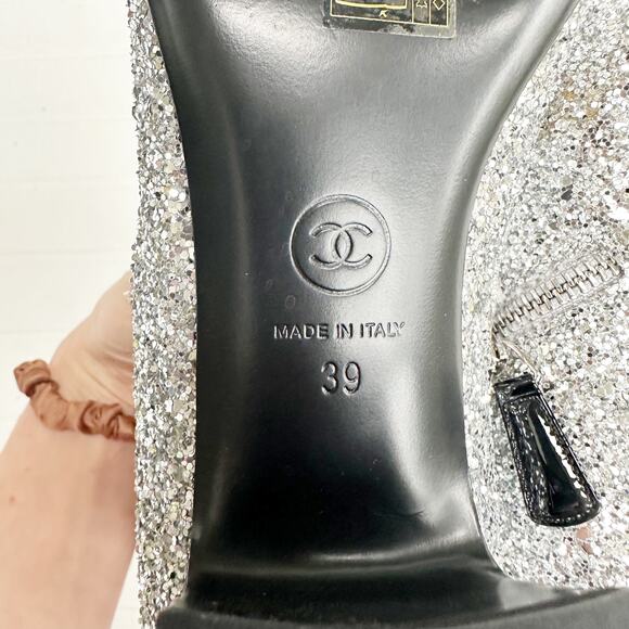 Chanel CC Sliver Glitter Ankle Boot Cap Toe Black Patent Bootie Milky Way Runway - Picture 6 of 16